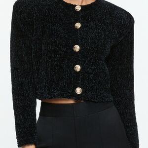 Alice + Olivia Black Textured Blazer with Gold Buttons (Shoulder Pads Removed)